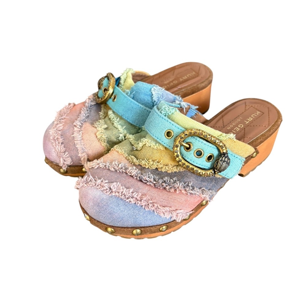 Kurt Geiger London Kids Rainbow Denim Frayed Wooden Platform Clogs Shoes Size 1